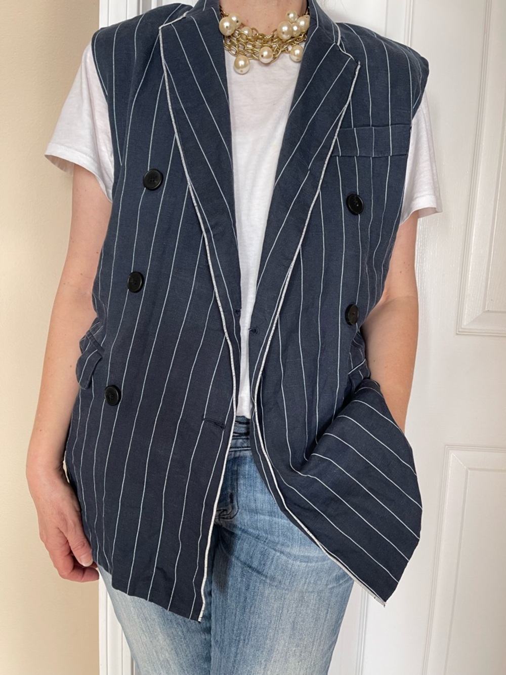 SNS double-breasted jacket striped vest padded shoulders lined